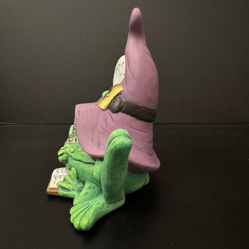 Whimsical Green Oops Witch Frog Figurine Glasses Purple Hat & Book Halloween - Picture 7 of 12
